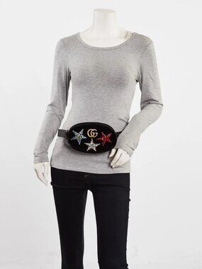 Gucci Black Quilted Velvet Marmont Crystal Stars Belt Bag Size 75/30